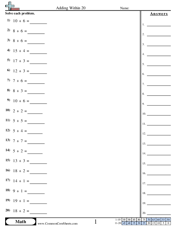 1.oa.6 Worksheets - Adding Within 20 (horizontal) worksheet